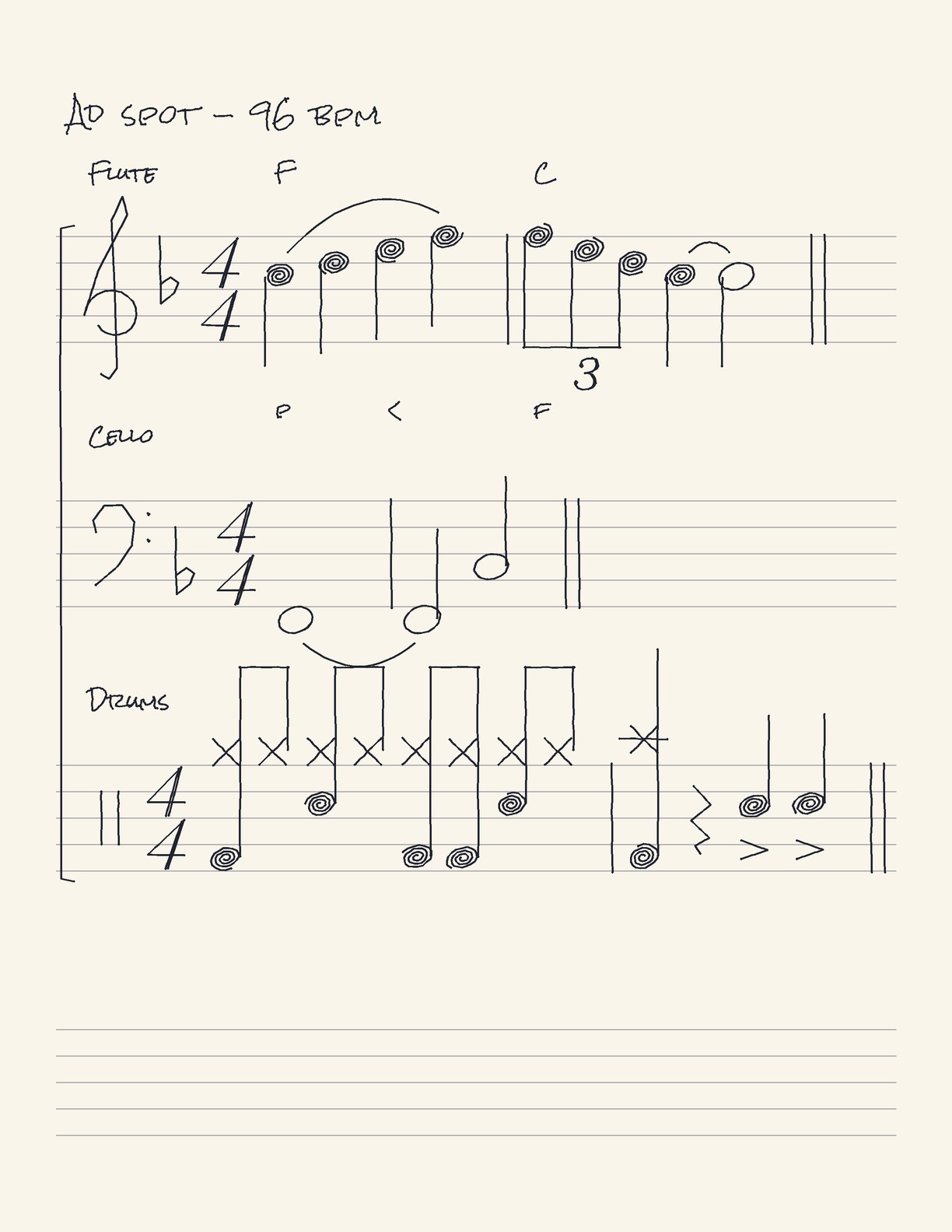 A handwritten score for flute, cello and drums