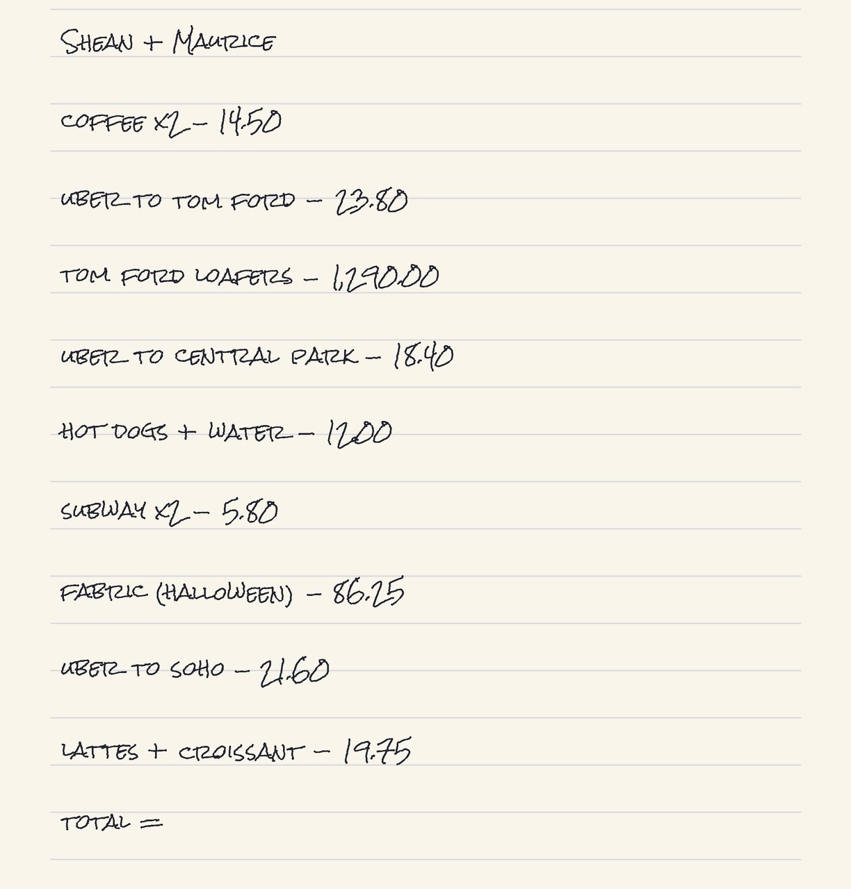 A handwritten list of trip expenses ending in total equals